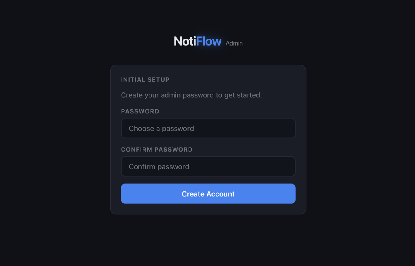 Admin dashboard first-run setup screen