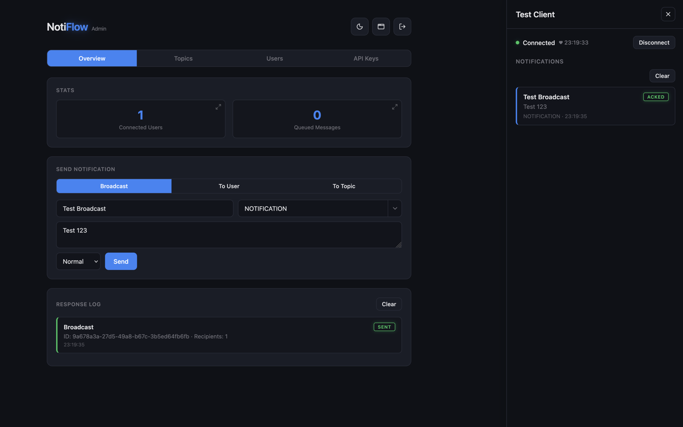 Admin dashboard live WebSocket test client